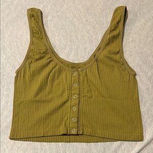 Free People Olive Ribbed Button-Front Crop Top